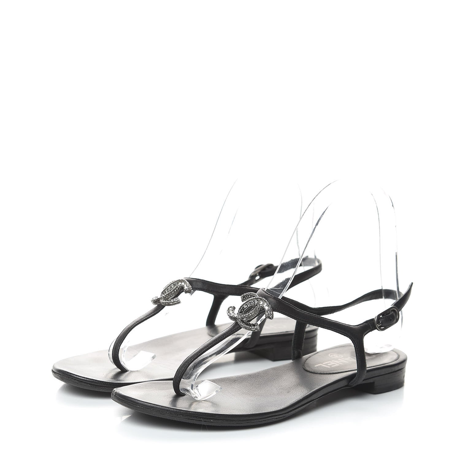Chanel Lambskin Crystal CC Thong Sandals 36 Black 3 of 11