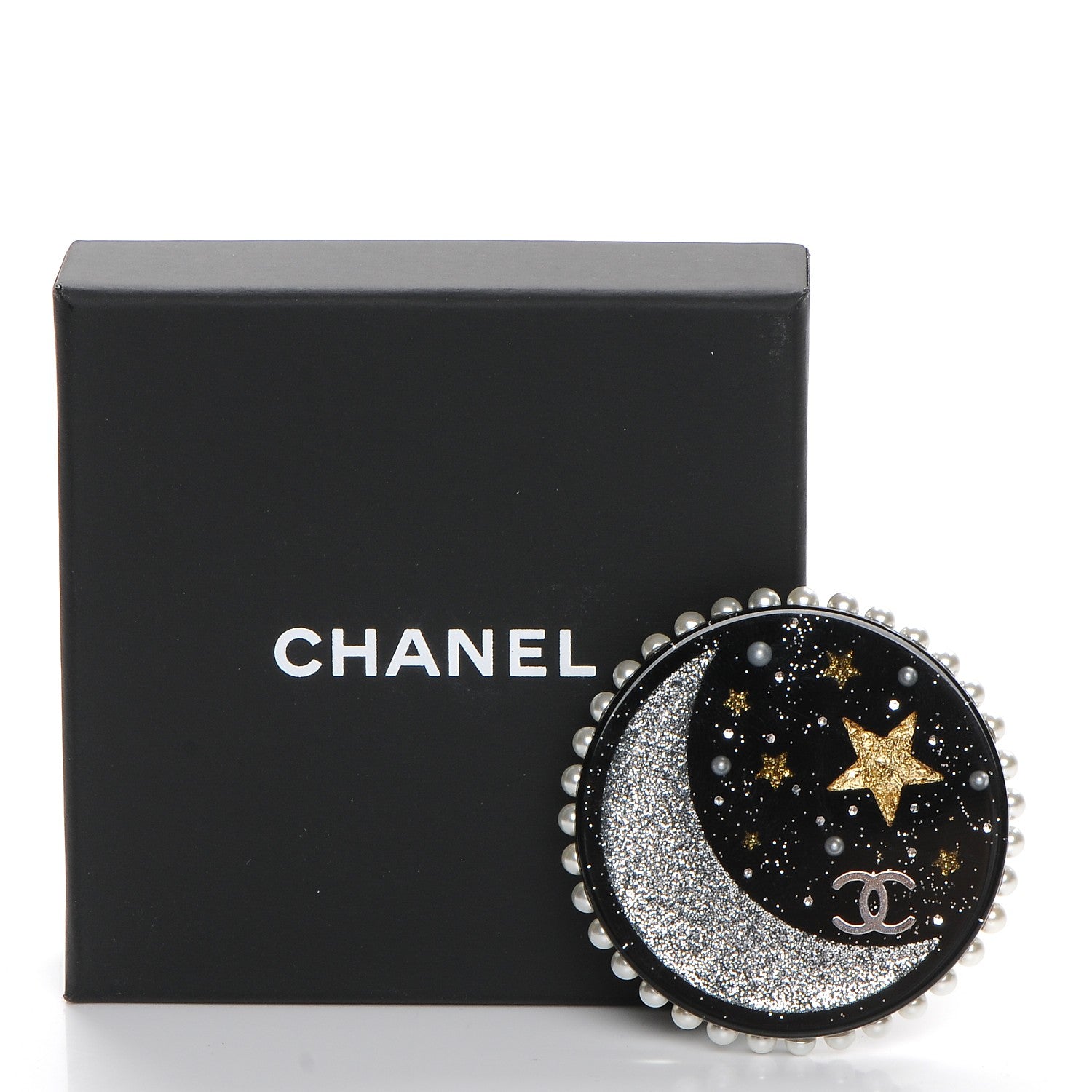Chanel Glittered Resin Crystal Pearl CC Moon Pin Brooch Black Gold Silver 5 of 5