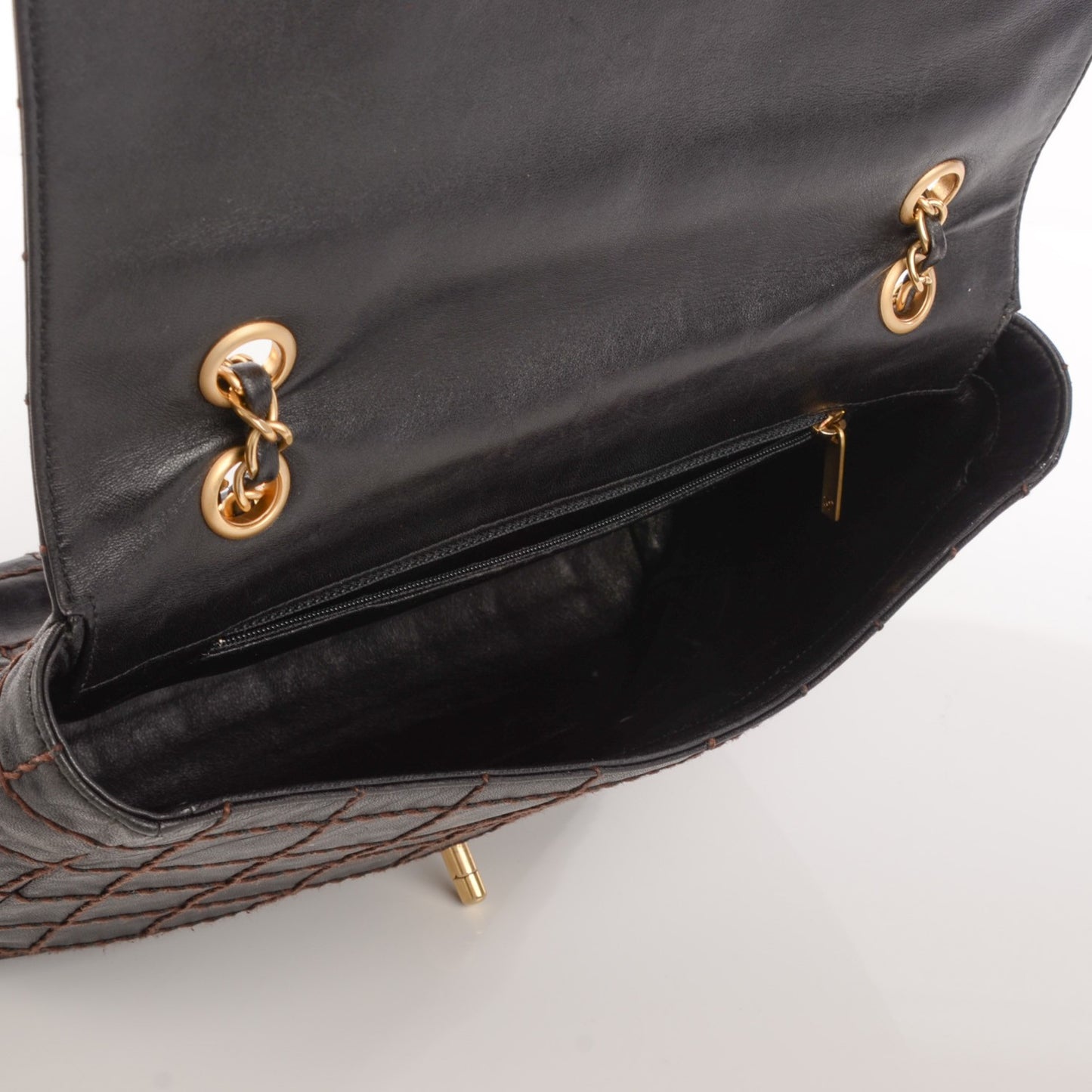 Lambskin Contrast Stitch Medium Single Flap Black