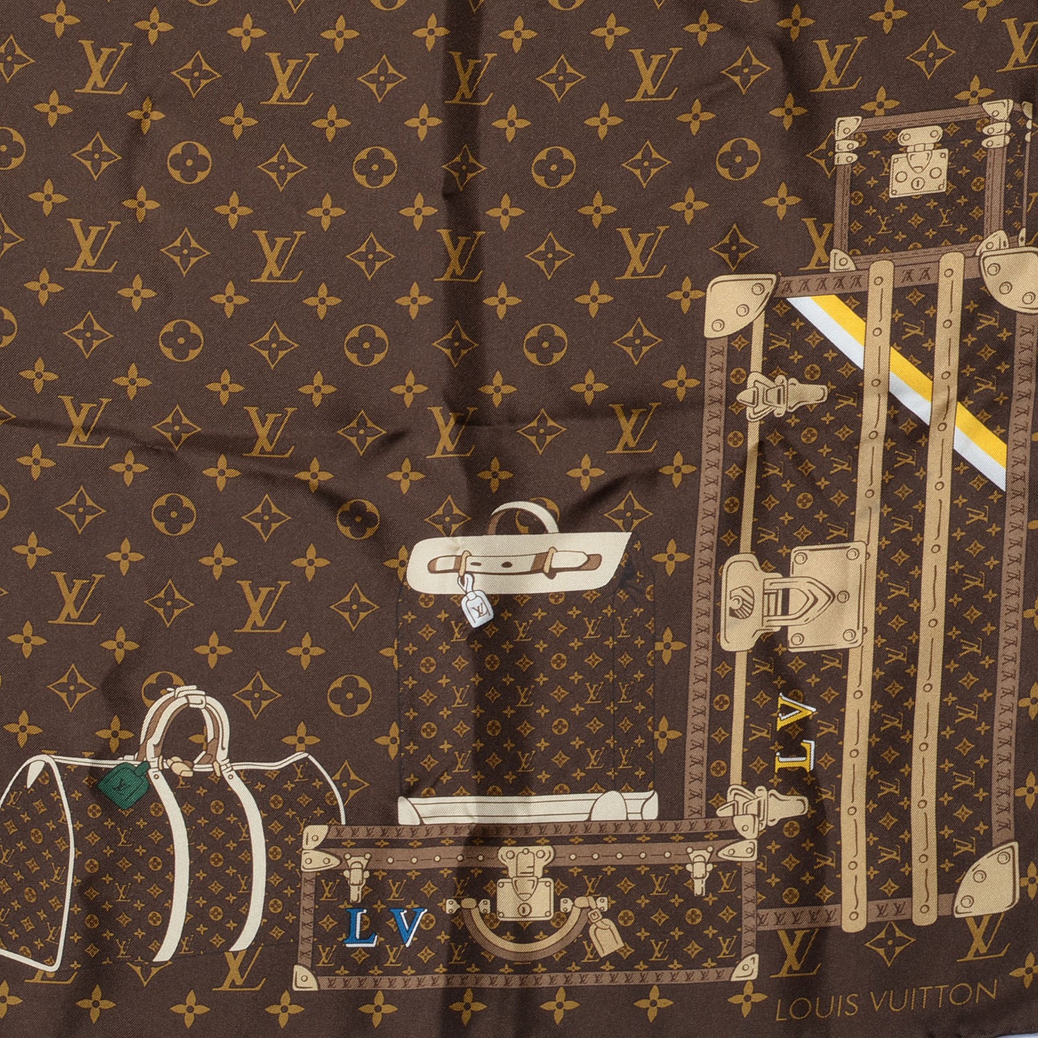 Louis Vuitton Silk Monogram Trunks Square Scarf Brown 1 of 5