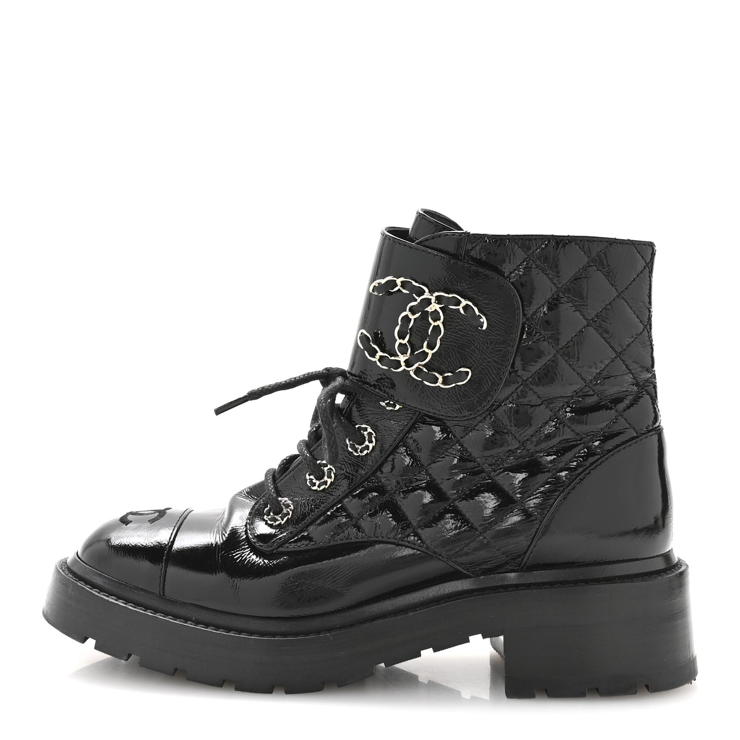 Shiny Calfskin Quilted Lace Up Combat Boots 38 Black