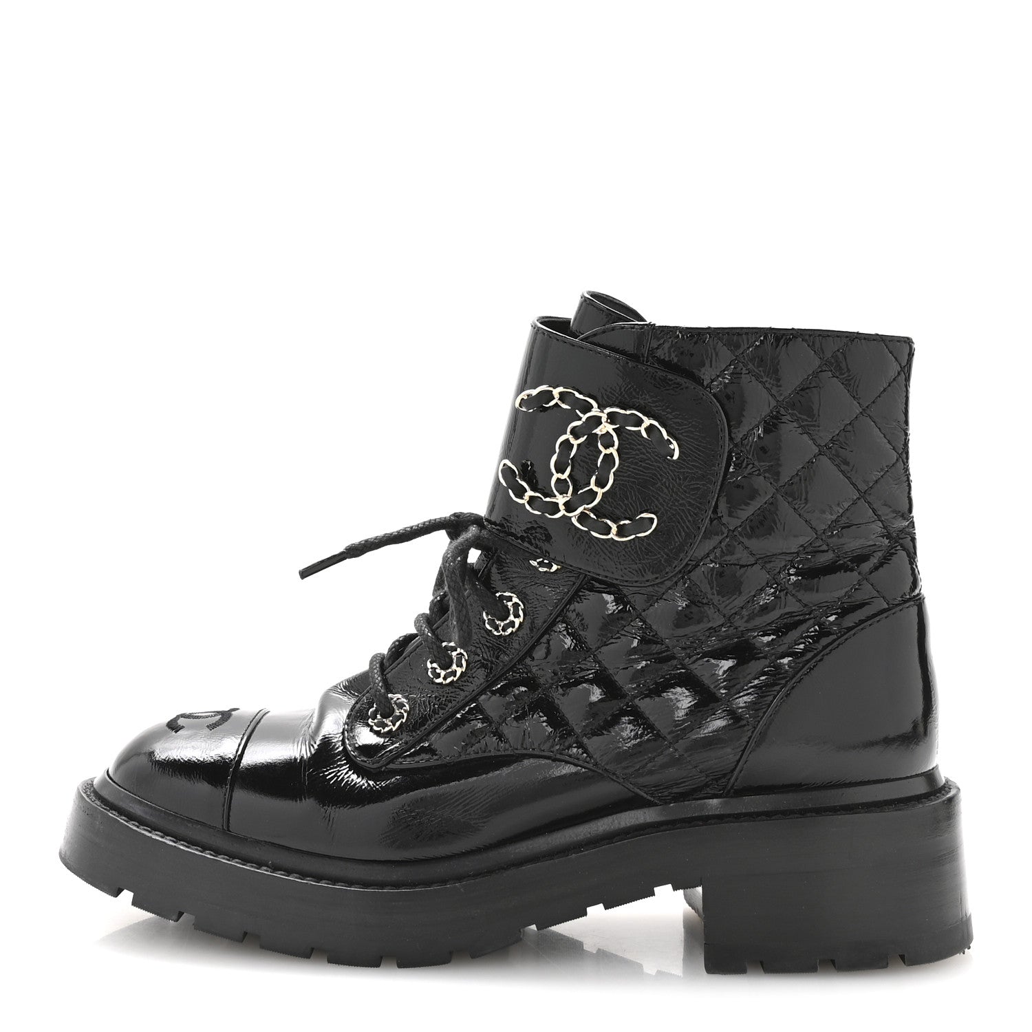 Chanel Shiny Calfskin Quilted Lace Up Combat Boots 38 Black 1 of 8