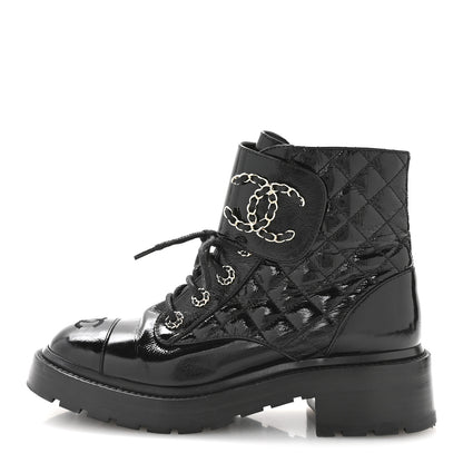 Chanel Shiny Calfskin Quilted Lace Up Combat Boots 38 Black 1 of 8