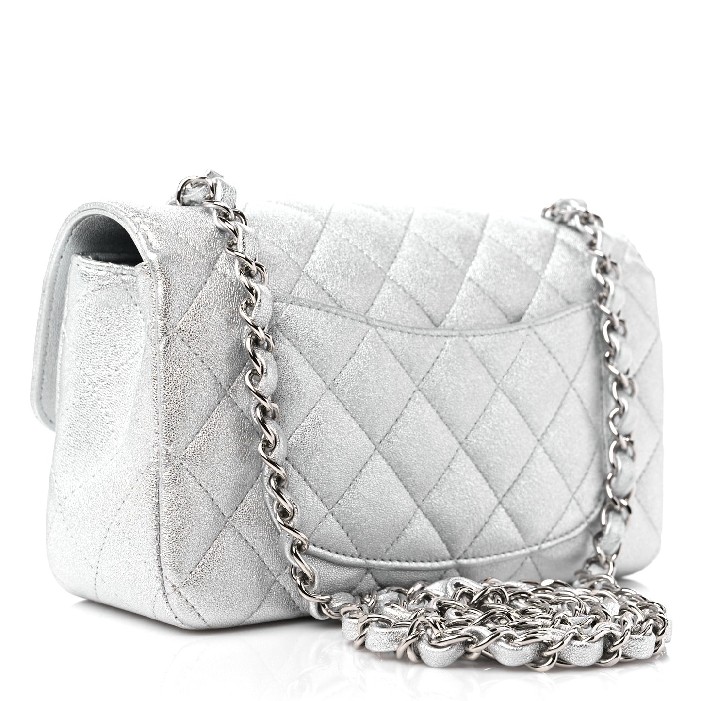 Metallic Lambskin Quilted Mini Rectangular Flap Silver