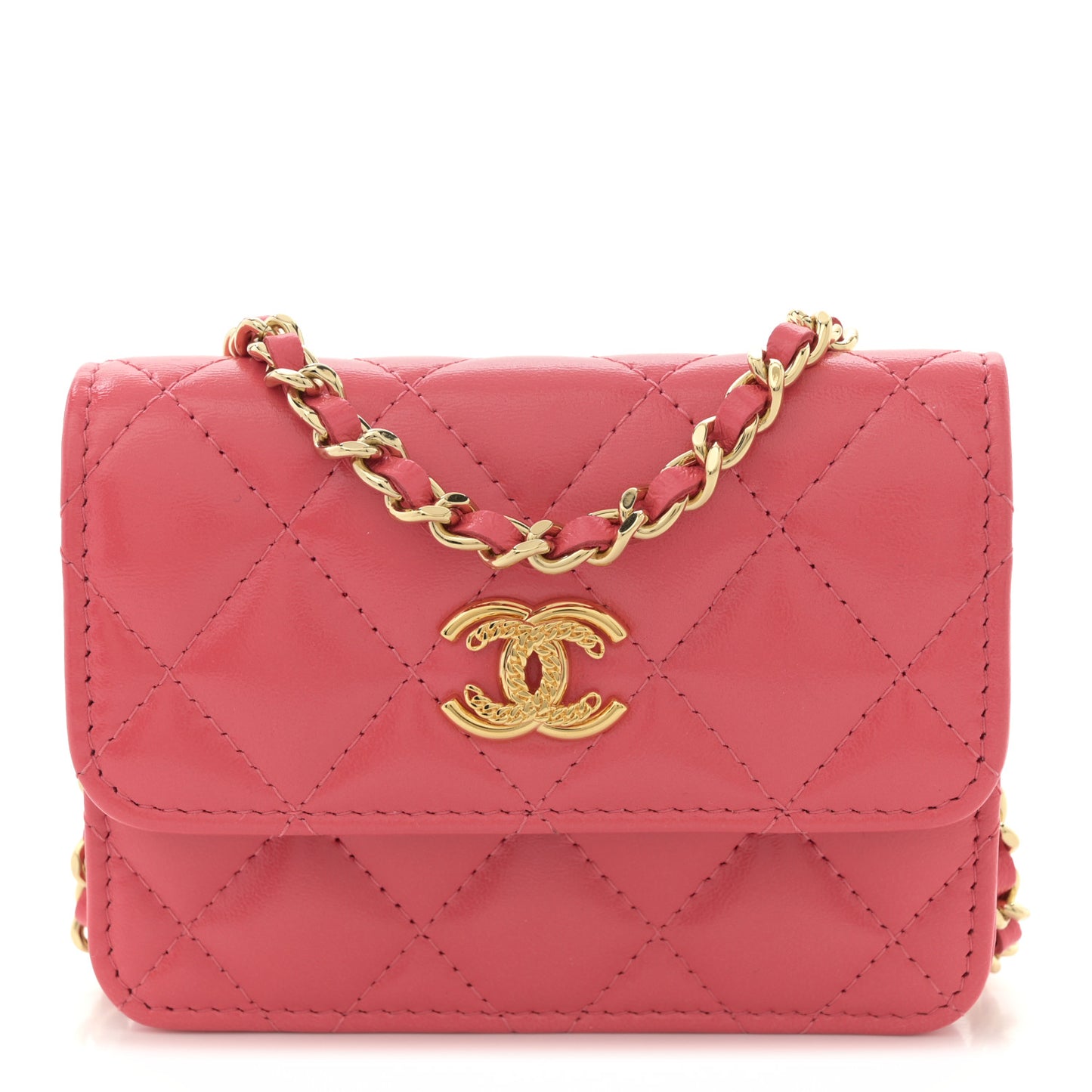 Shiny Lambskin Quilted Card Holder On Chain Pink