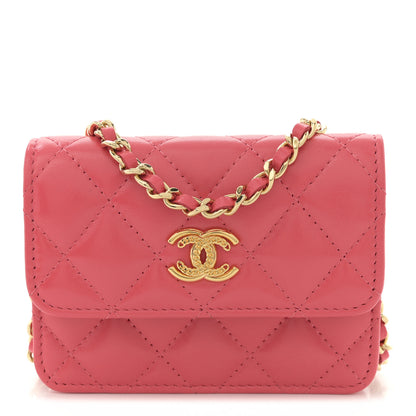 Chanel Shiny Lambskin Quilted Card Holder On Chain Pink 1 of 10