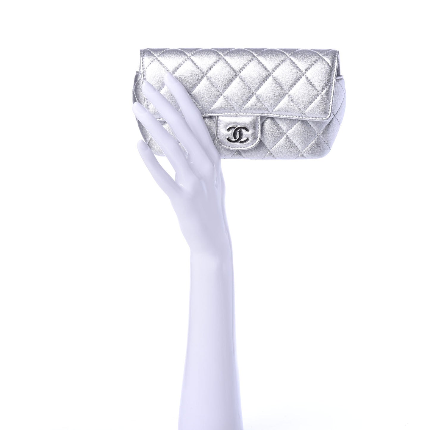 Metallic Lambskin Quilted Glasses Case With Chain Silver