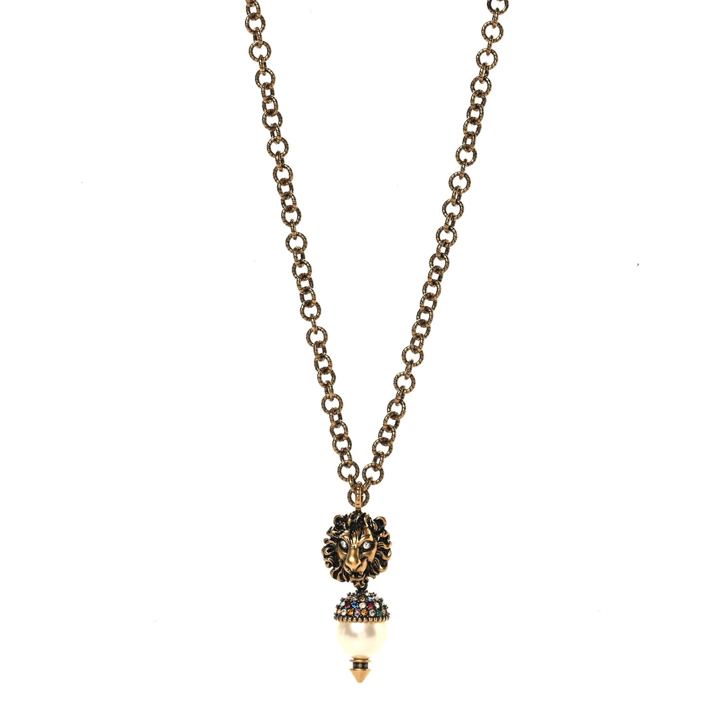 Metal Crystal Pearl Lion Head Necklace Aged Gold