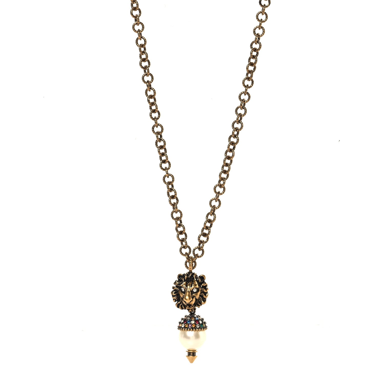 Gucci Metal Crystal Pearl Lion Head Necklace Aged Gold 1 of 4