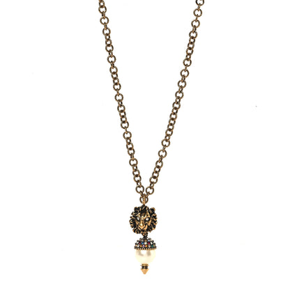 Gucci Metal Crystal Pearl Lion Head Necklace Aged Gold 1 of 4