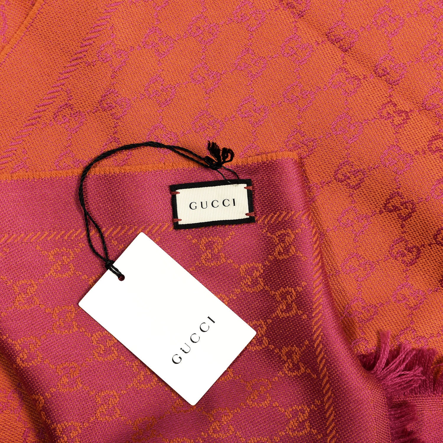 Gucci Wool GG Monogram Reversible New Sten Fringe Scarf Orange Pink 4 of 5