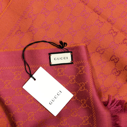 Gucci Wool GG Monogram Reversible New Sten Fringe Scarf Orange Pink 4 of 5