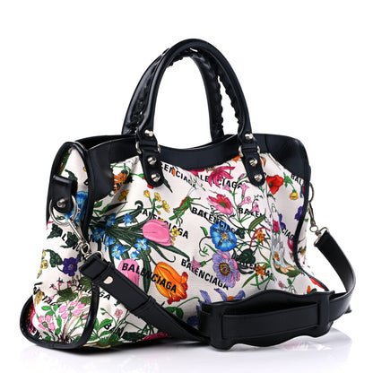 Balenciaga X GUCCI Canvas Azalea Calfskin Flora Logo Print Neo Classic Silver Hardware Medium City White Multicolor Black 3 of 11