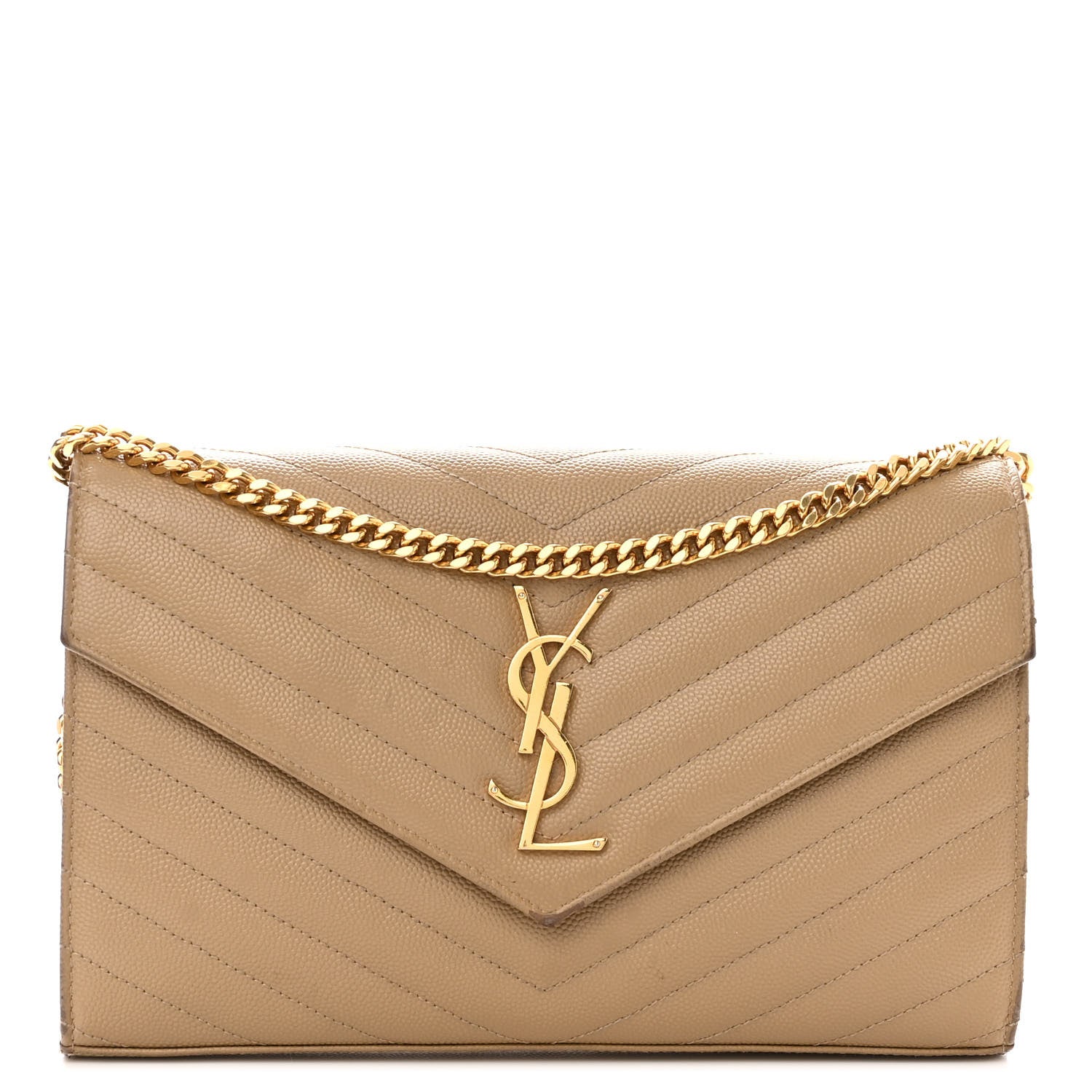 Saint Laurent Grain De Poudre Matelasse Chevron Monogram Chain Wallet Dark Latte 1 of 12