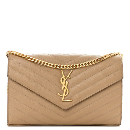 Saint Laurent Grain De Poudre Matelasse Chevron Monogram Chain Wallet Dark Latte 1 of 12