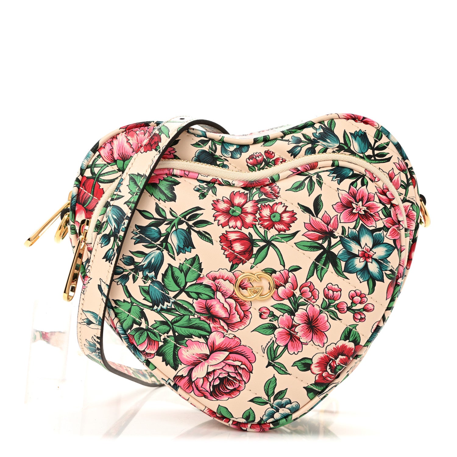 Gucci Calfskin Matelasse Diagonal Brit Roses Print Mini Interlocking G Heart Shoulder Bag  White Multicolor 1 of 11