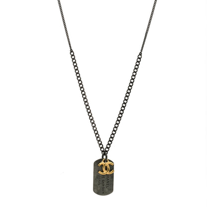 Chanel Ruthenium ID Dog Tag Charm Necklace Silver Gold 1 of 4