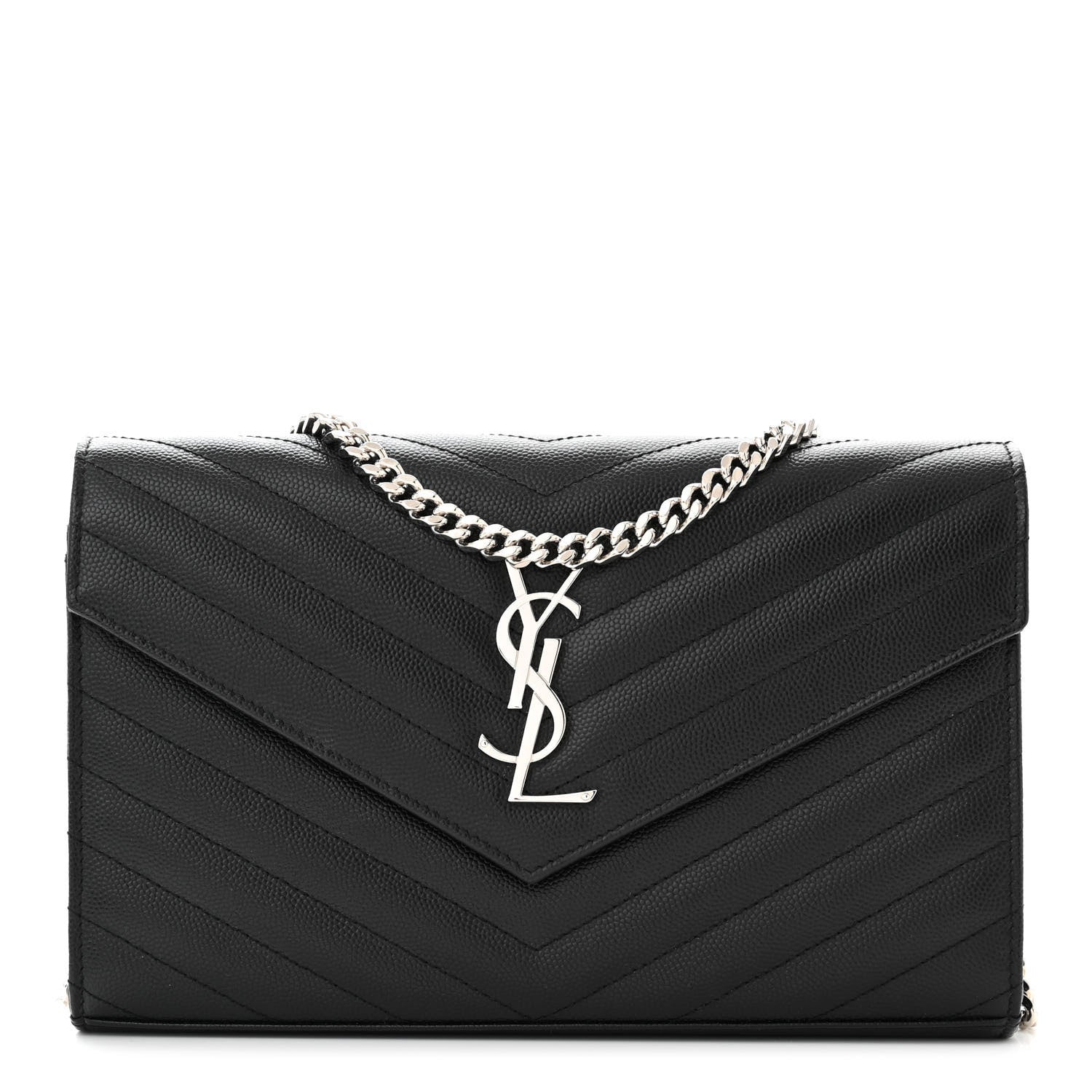 Saint Laurent Grain De Poudre Matelasse Chevron Monogram Chain Wallet Black 1 of 12