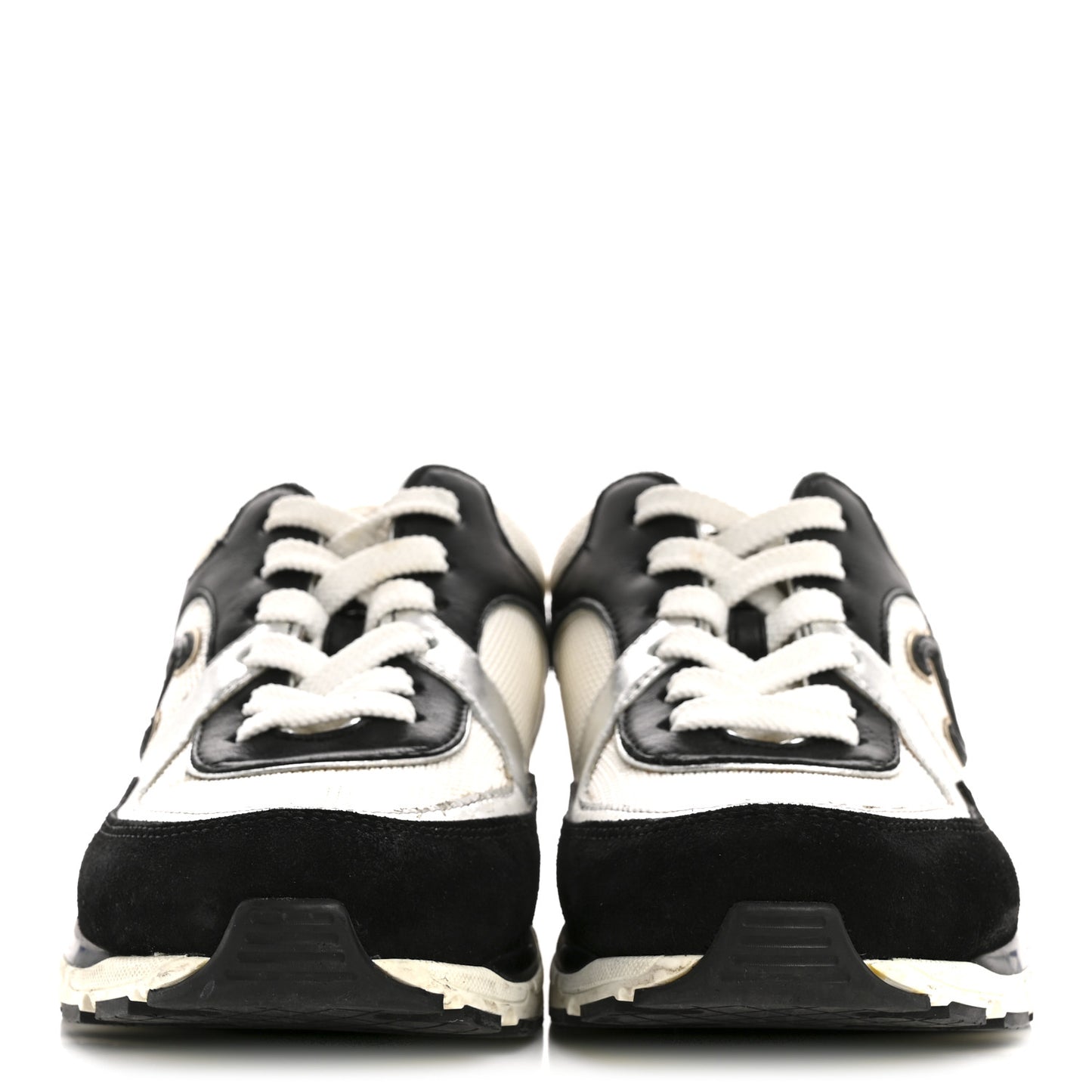 Mesh Suede Calfskin Grained Calfskin Womens CC Sneakers 35 Black White Silver