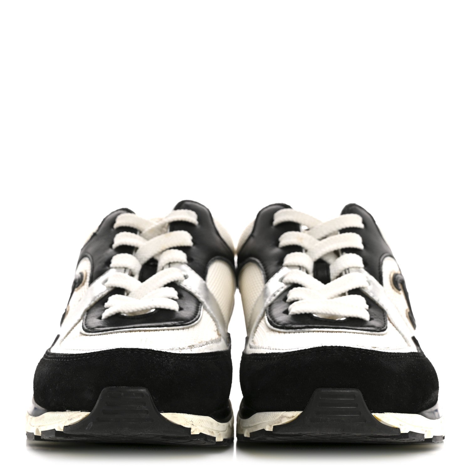 Chanel Mesh Suede Calfskin Grained Calfskin Womens CC Sneakers 35 Black White Silver 2 of 12