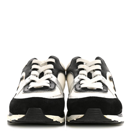 Chanel Mesh Suede Calfskin Grained Calfskin Womens CC Sneakers 35 Black White Silver 2 of 12