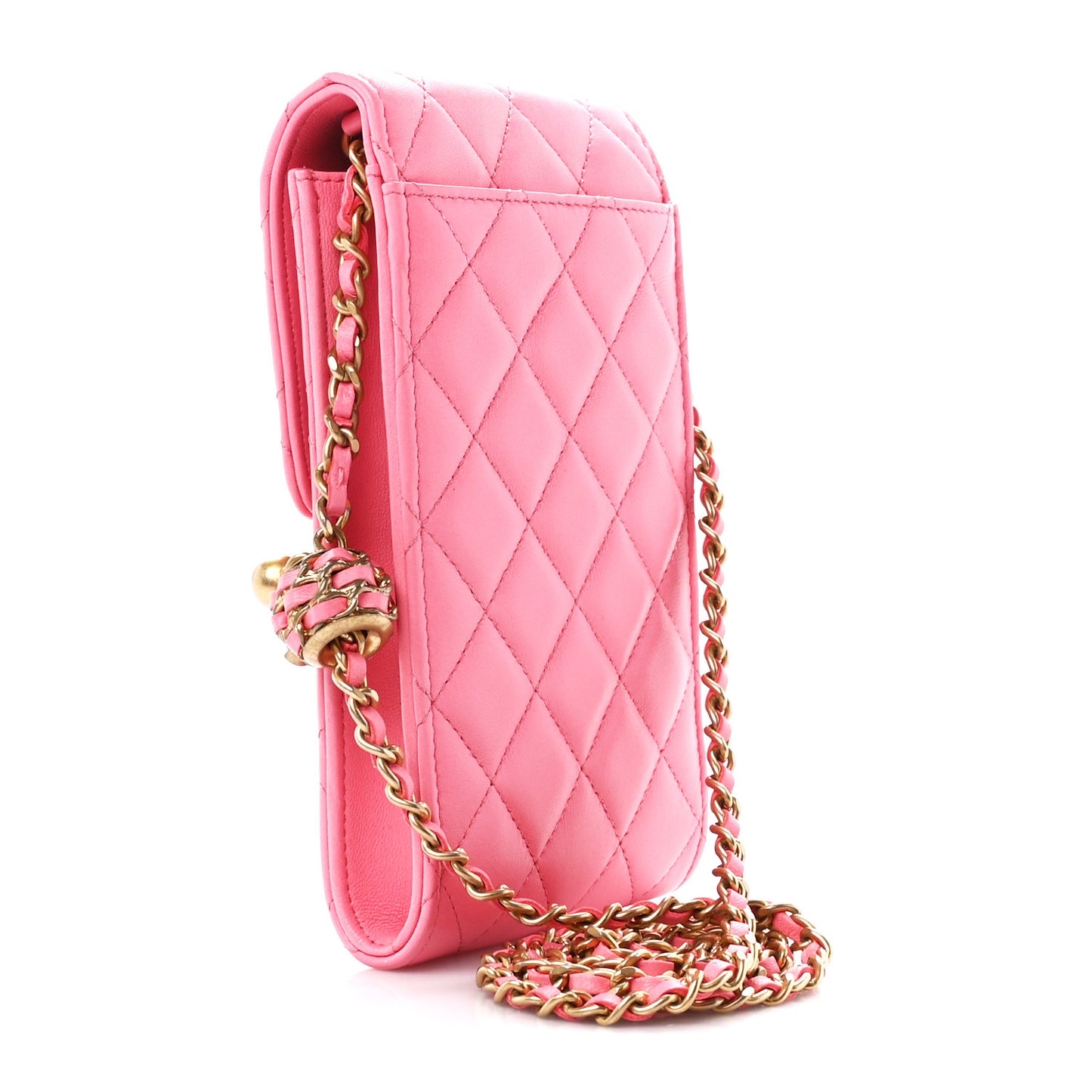 Lambskin Quilted Pearl Crush Phone Holder With Chain Pink