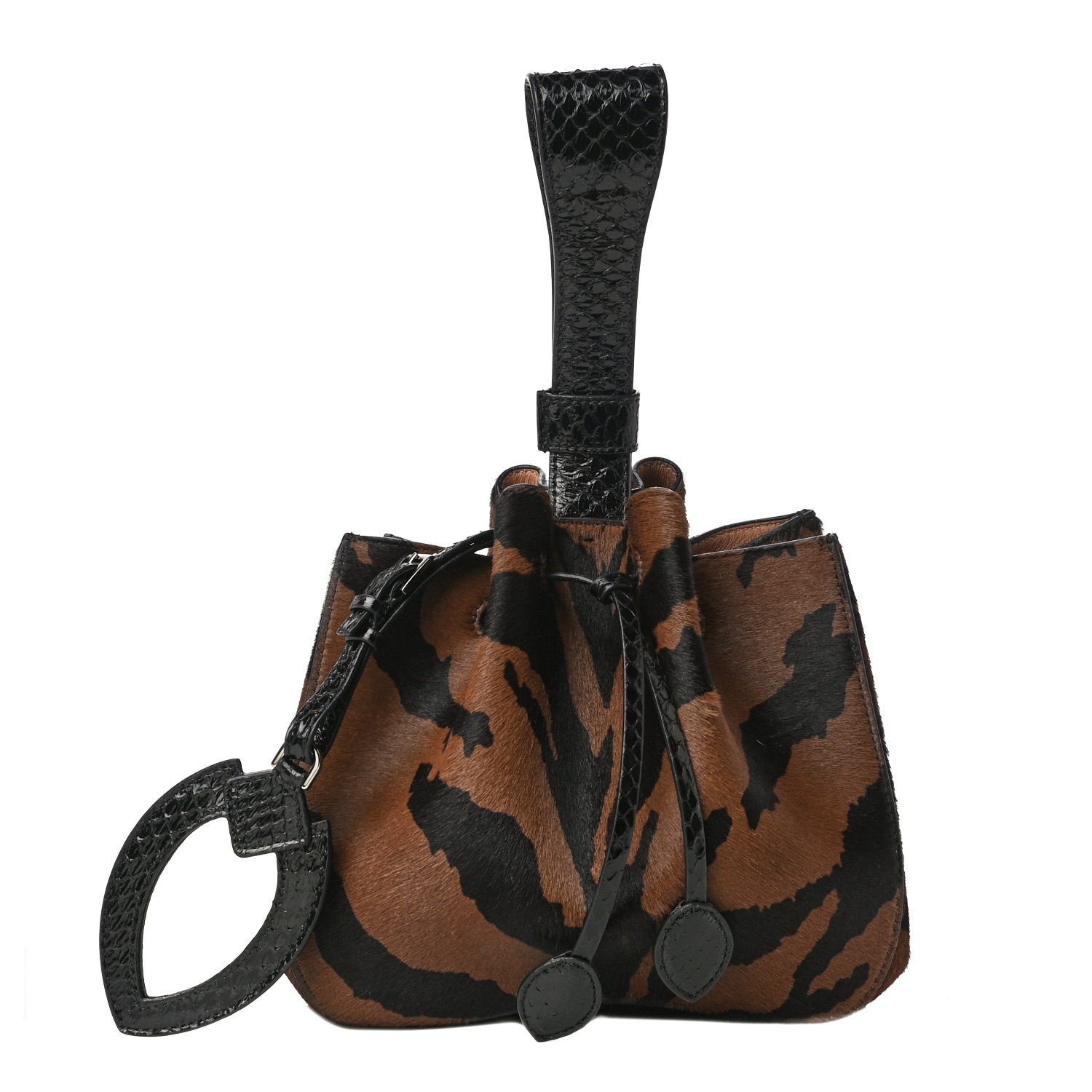 Alaia Calf Hair Bucket Bag Wristlet Brown Black 1 of 10