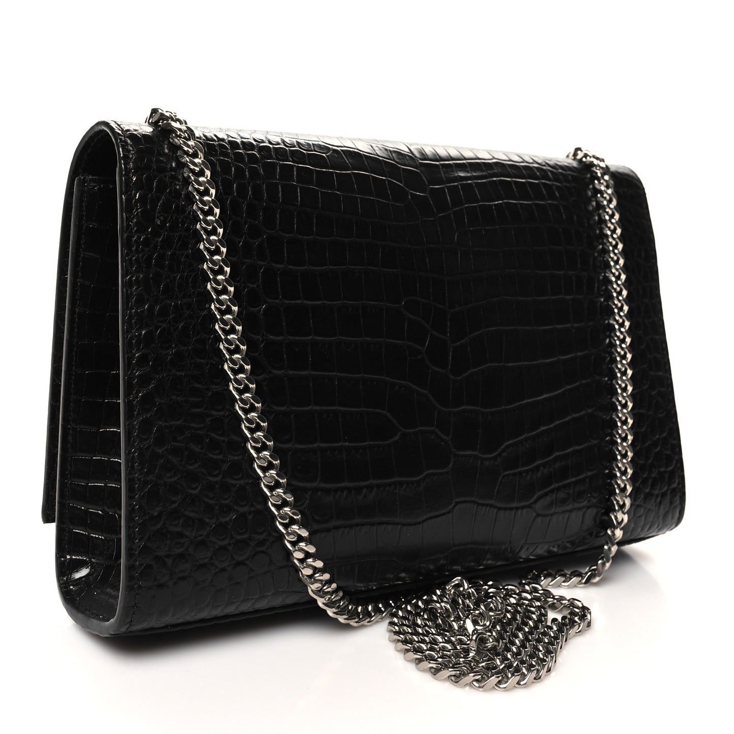 Calfskin Crocodile Embossed Medium Classic Monogram Kate Tassel Satchel Black