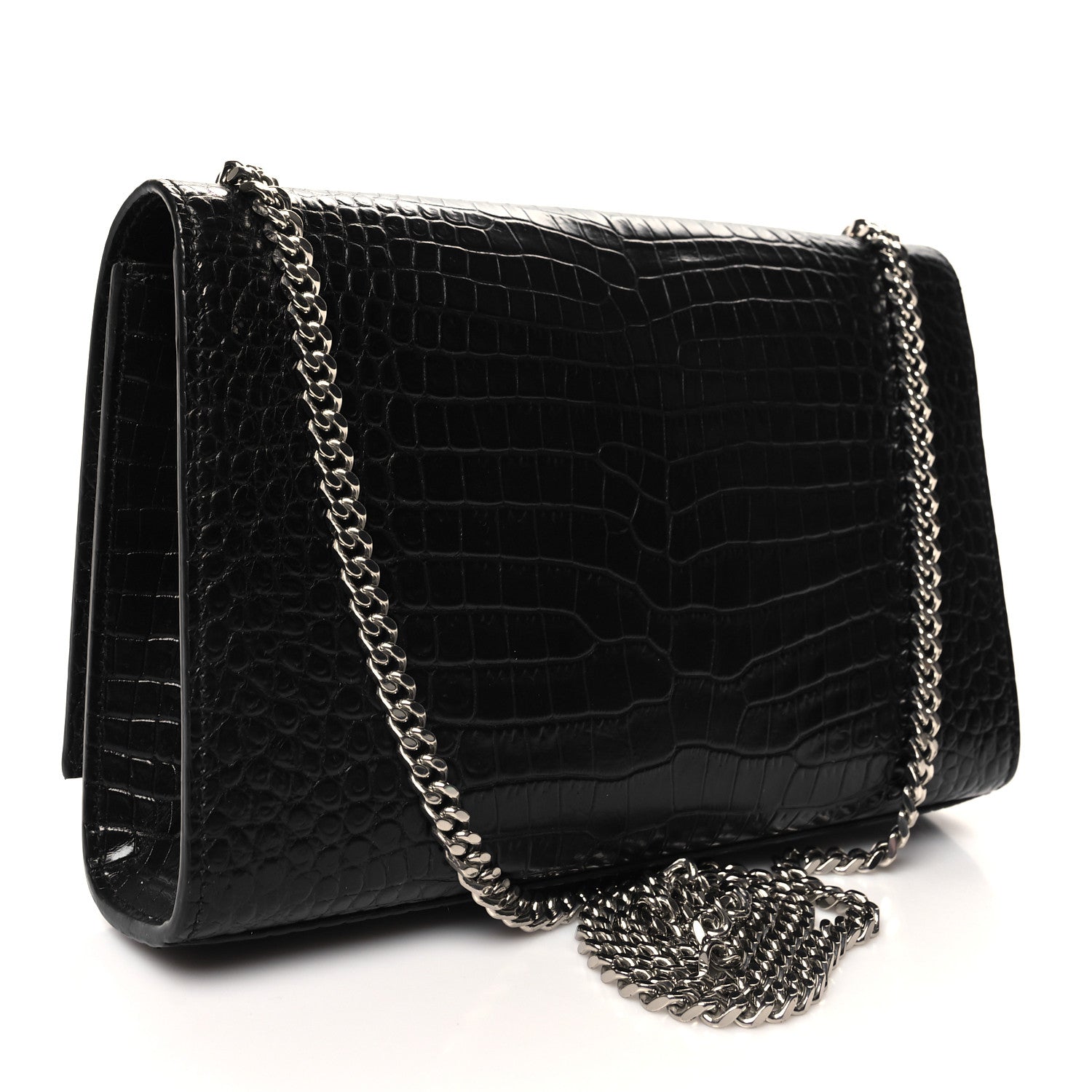 Saint Laurent Calfskin Crocodile Embossed Medium Classic Monogram Kate Tassel Satchel Black 3 of 9