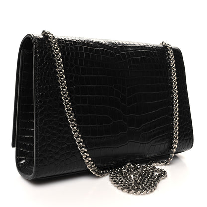 Saint Laurent Calfskin Crocodile Embossed Medium Classic Monogram Kate Tassel Satchel Black 3 of 9