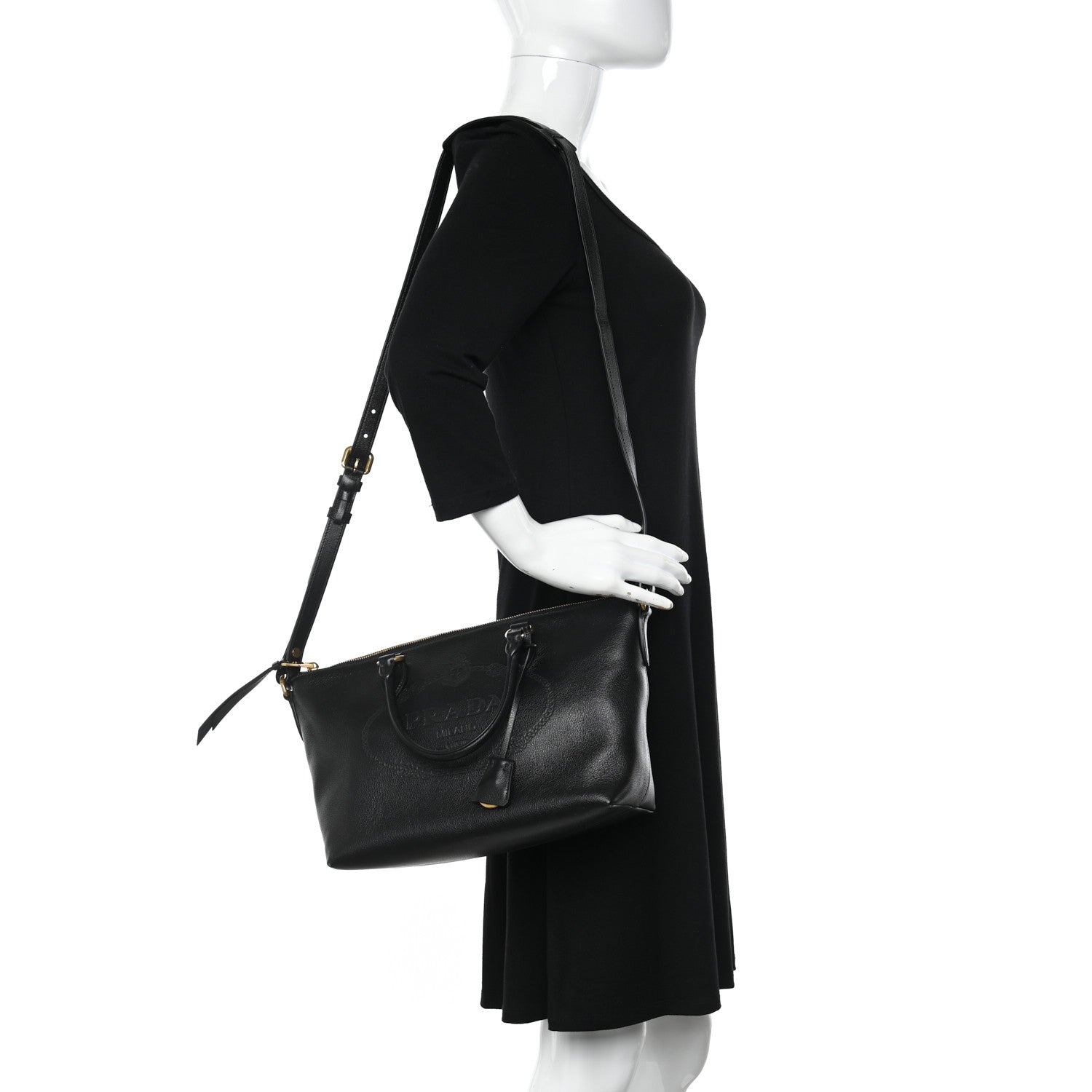 Prada Glace Calfskin Embossed Logo Tote Black 2 of 14