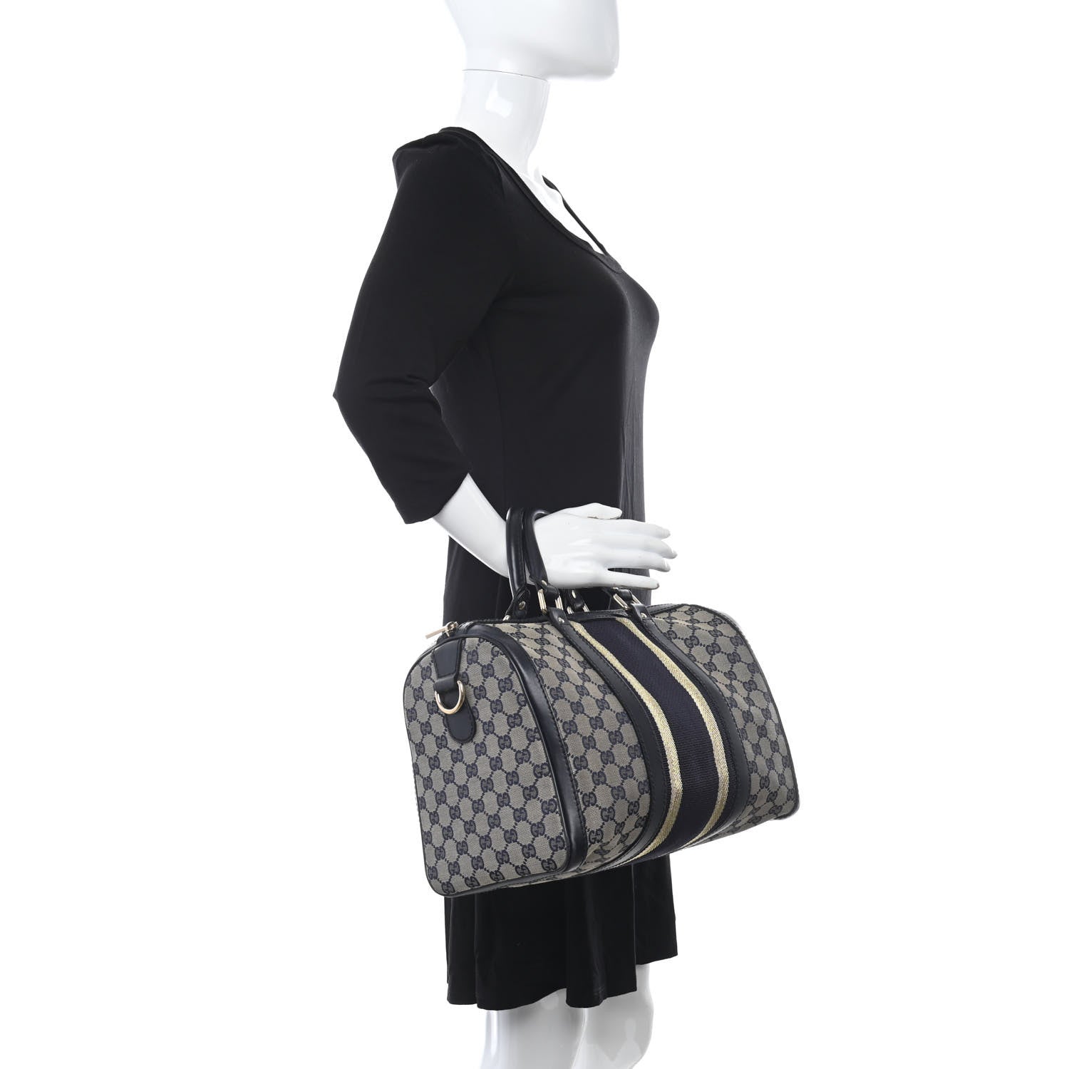 Gucci Monogram Vintage Web Medium Boston Gold Navy 2 of 15