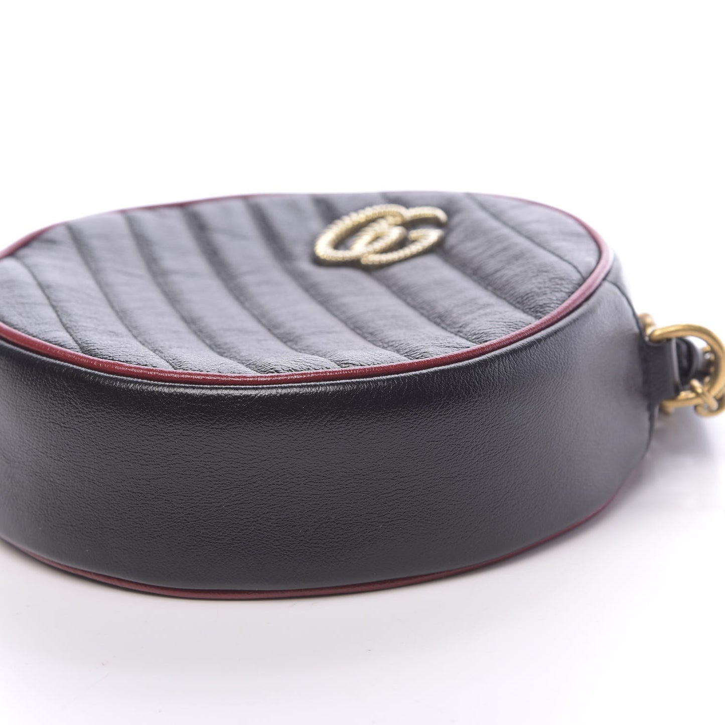Vintage Effect Calfskin Matelasse Diagonal Mini Torchon GG Marmont Round Shoulder Bag Black Romantic Cherry