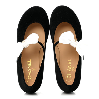 Chanel Velvet Grosgrain Bow Mary Jane Flats 38 Black White 2 of 11