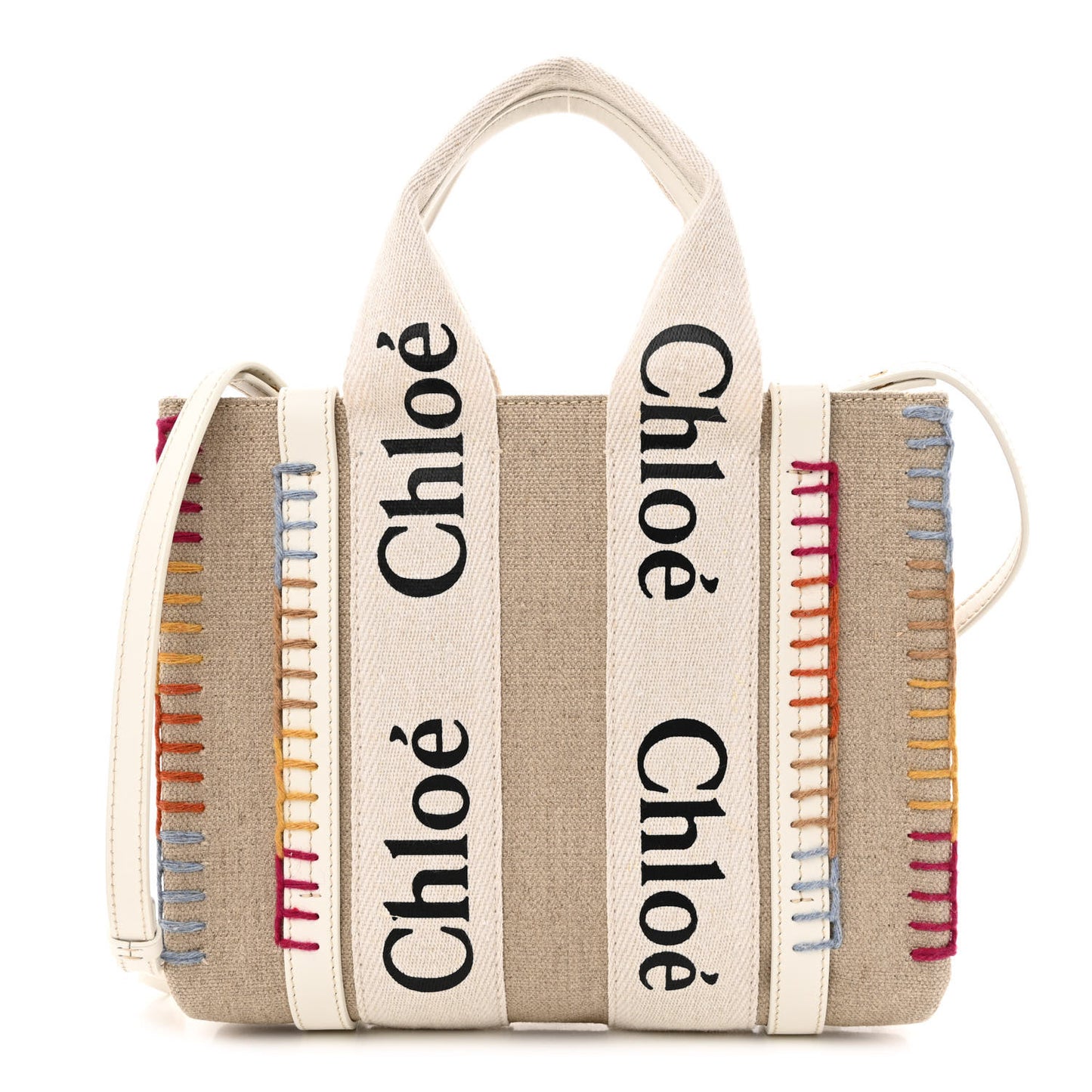 Linen Canvas Calfskin Blanket Stitched Small Woody Ribbon Tote White Multicolor