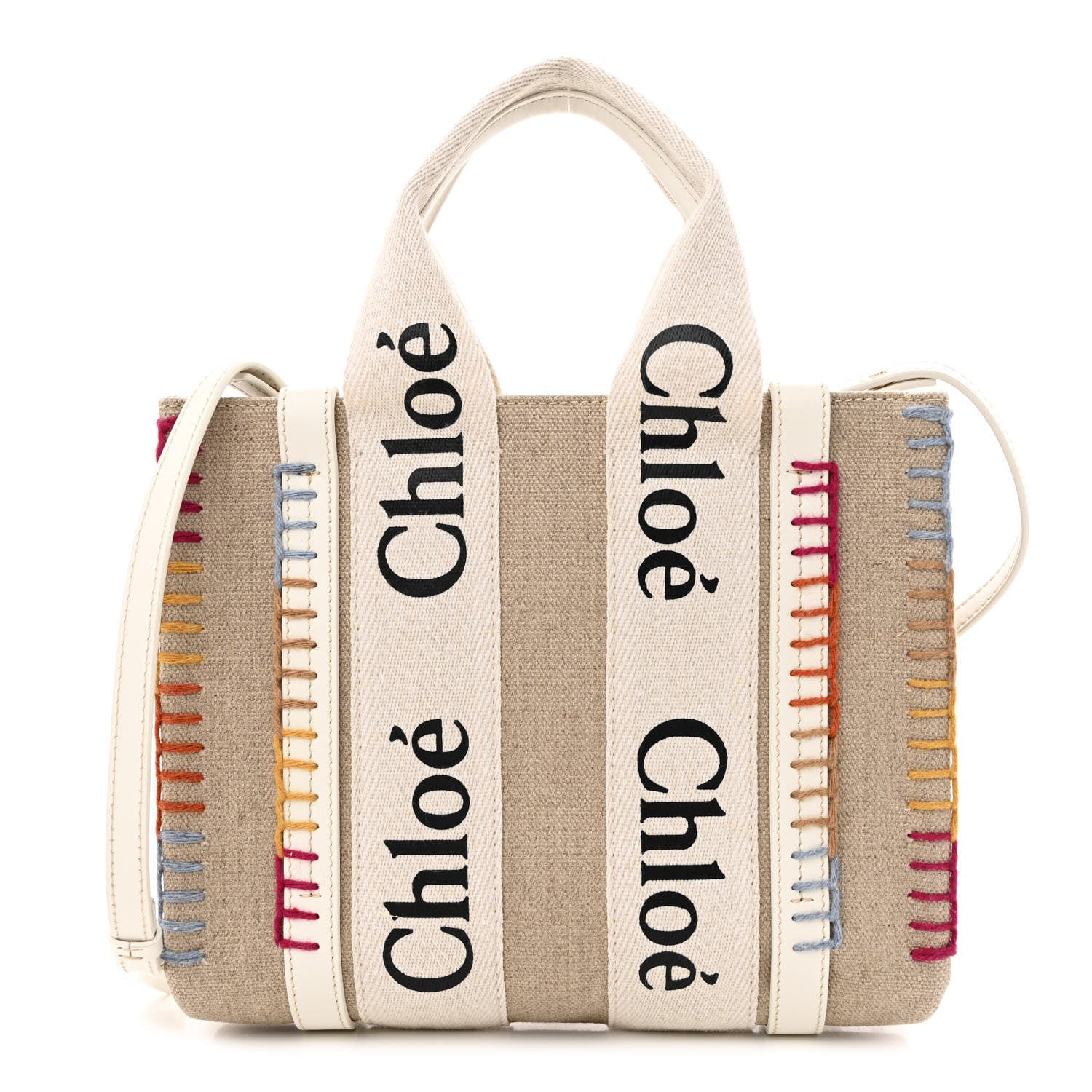Chloe Linen Canvas Calfskin Blanket Stitched Small Woody Ribbon Tote White Multicolor 1 of 10