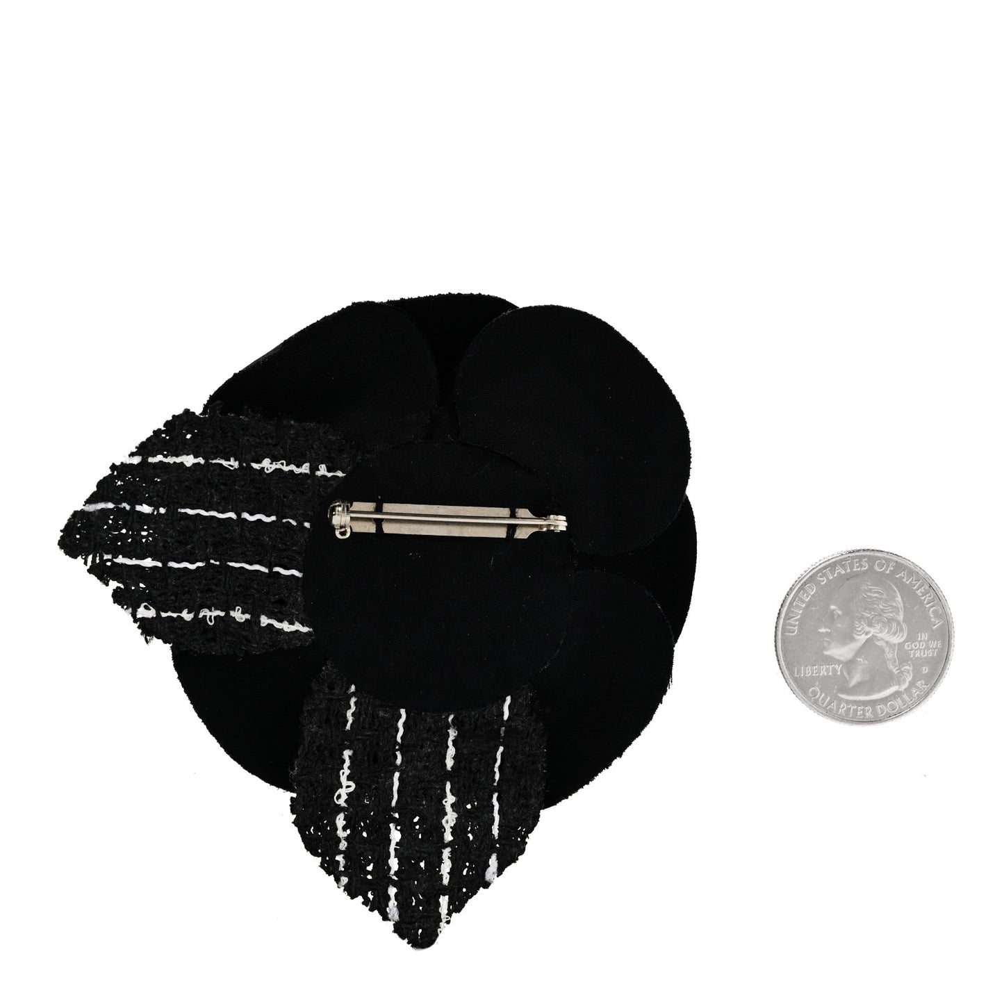 Tweed Fabric Camellia Pin Brooch Black White