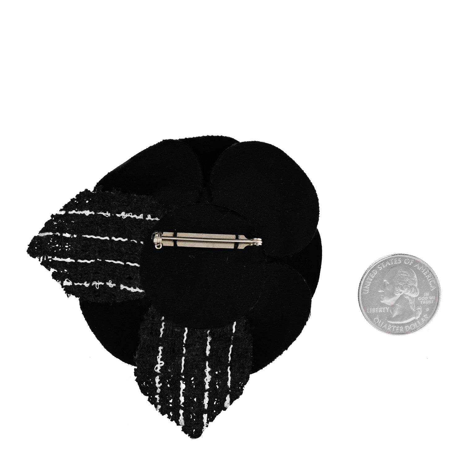 Chanel Tweed Fabric Camellia Pin Brooch Black White 2 of 3