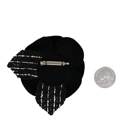 Chanel Tweed Fabric Camellia Pin Brooch Black White 2 of 3