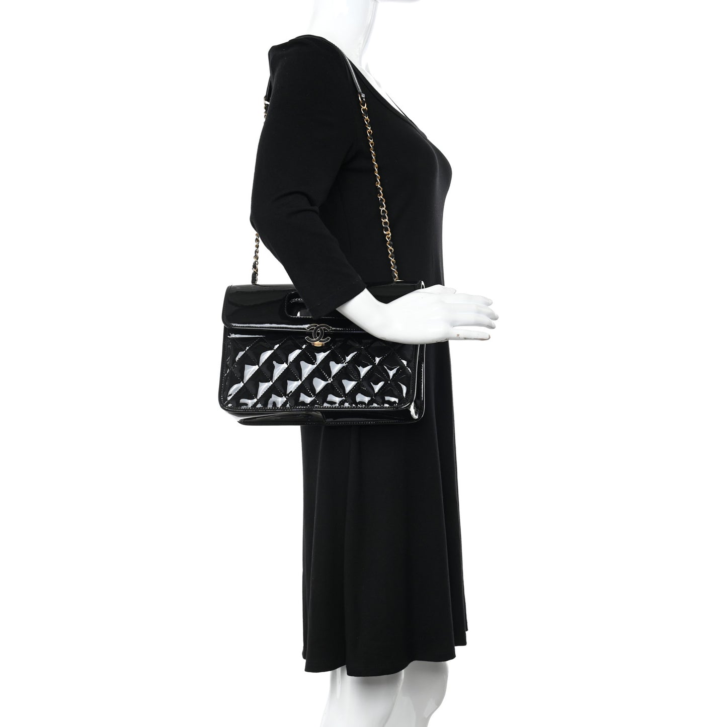 Patent Quilted Graphic Catch Flap Black