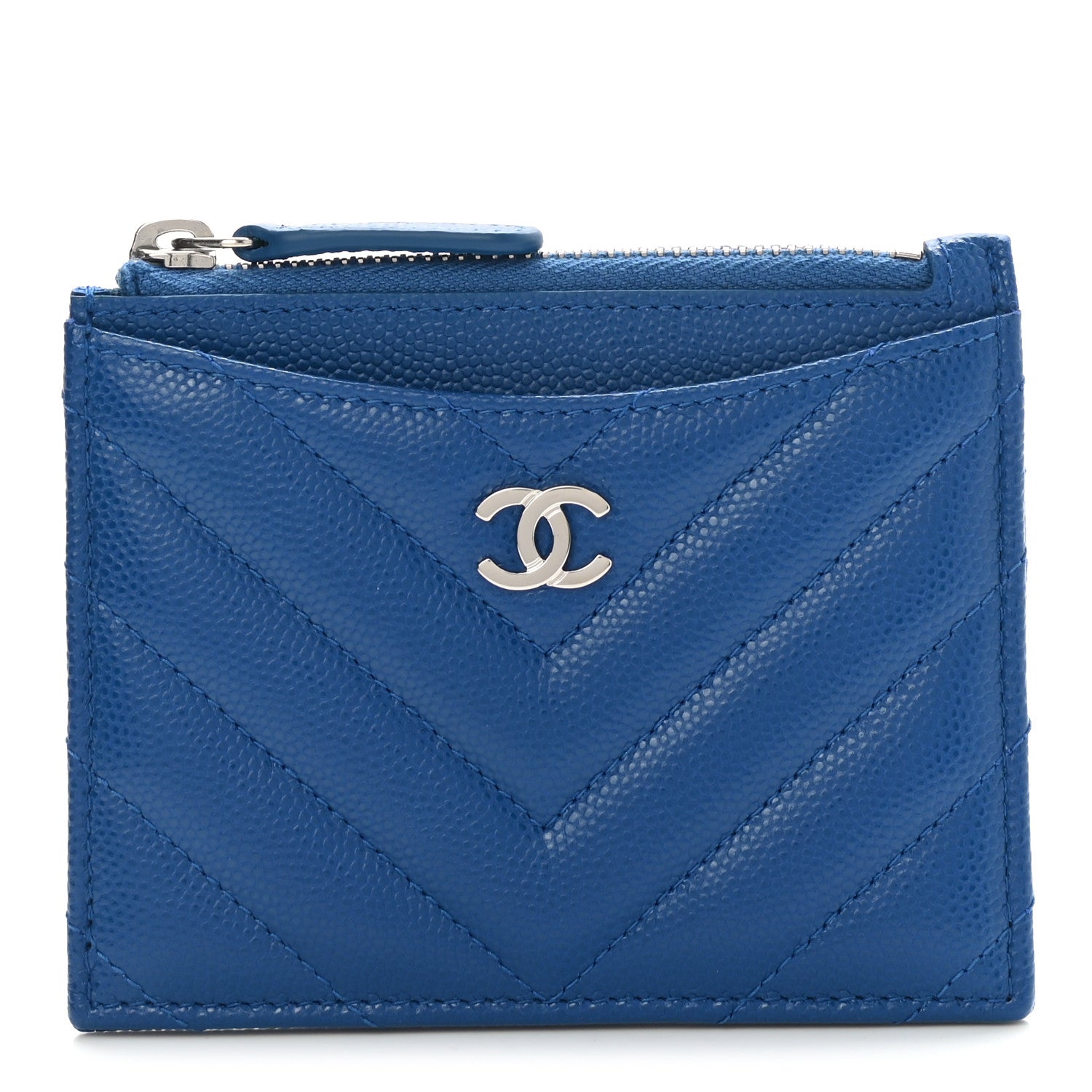Chanel Caviar Chevron Quilted CC Zip Card Holder Blue 1 of 8