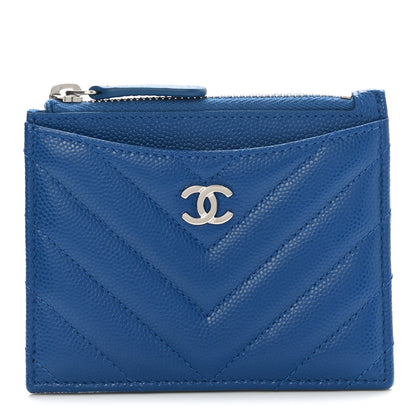 Chanel Caviar Chevron Quilted CC Zip Card Holder Blue 1 of 8