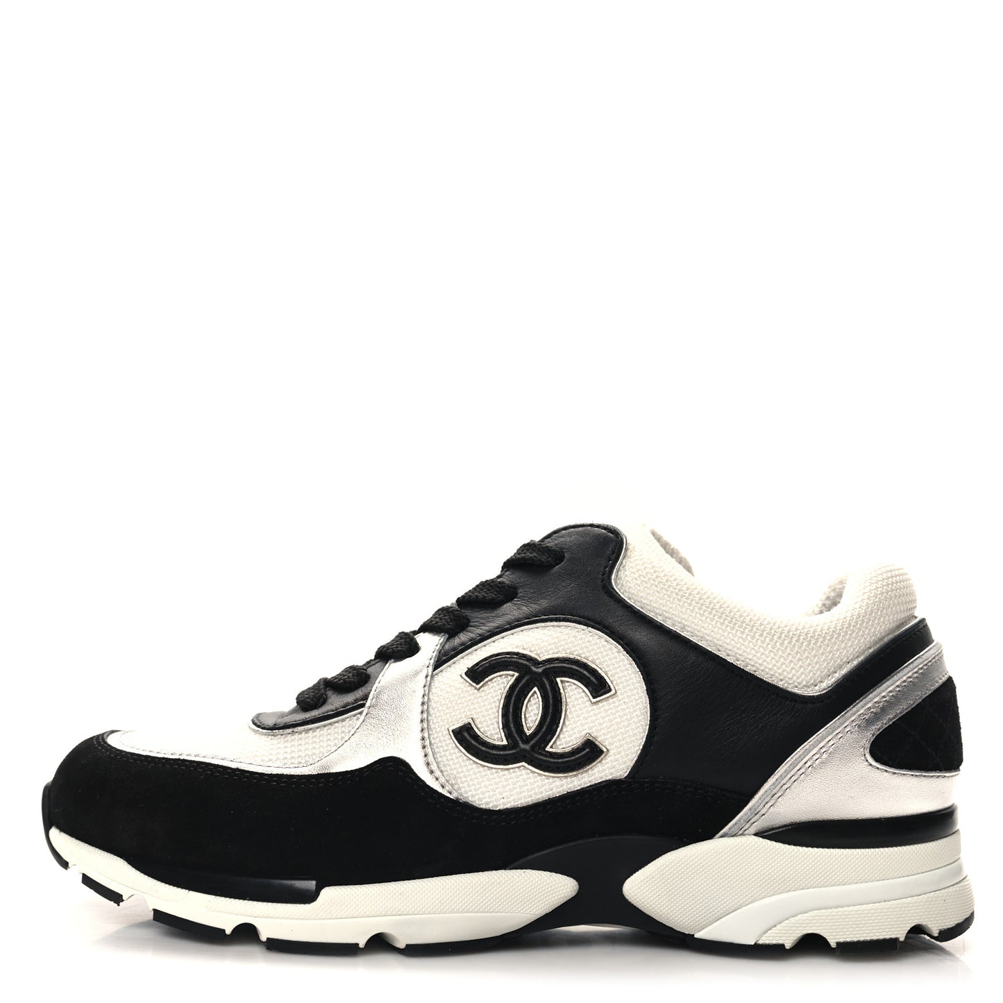 Mesh Suede Calfskin Grained Calfskin Womens CC Sneakers 38.5 Black White Silver