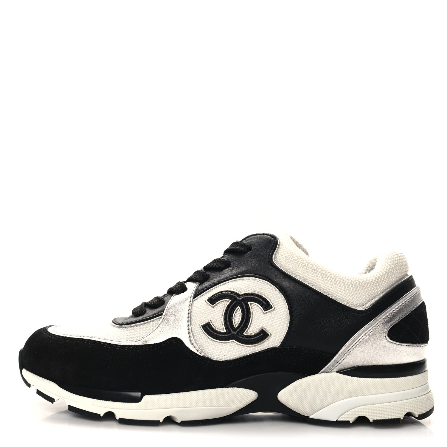 Chanel Mesh Suede Calfskin Grained Calfskin Womens CC Sneakers 38.5 Black White Silver 1 of 8