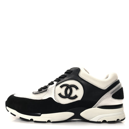 Chanel Mesh Suede Calfskin Grained Calfskin Womens CC Sneakers 38.5 Black White Silver 1 of 8
