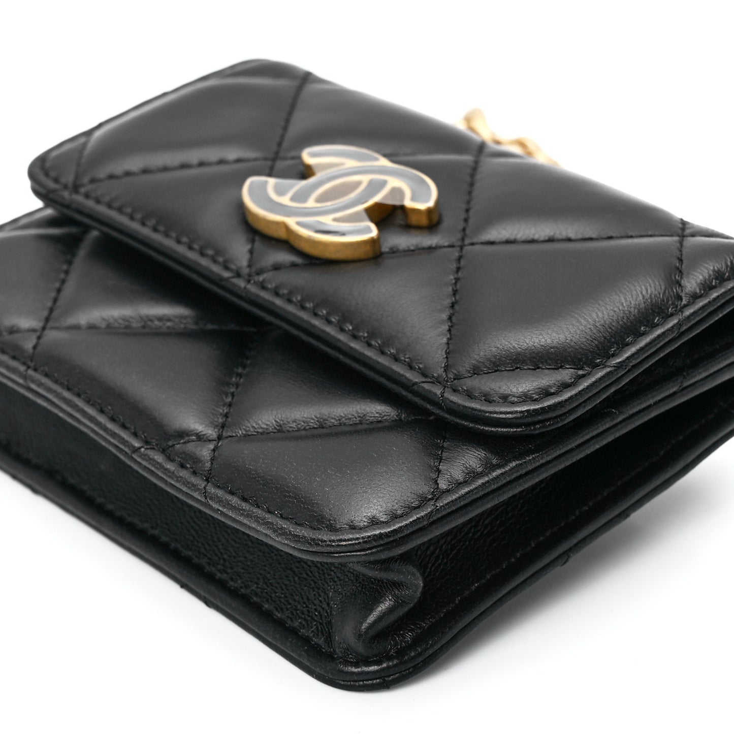 Lambskin Enamel Quilted Pending CC Flap Belt Bag Black