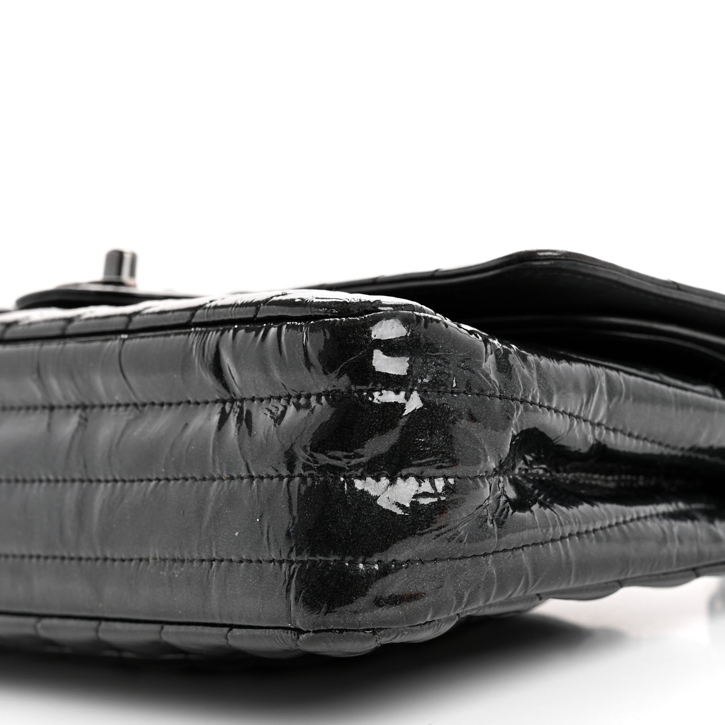 Metallic Patent Crumpled Calfskin Chevron Quilted Medium Double Flap So Black