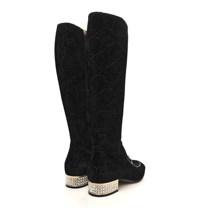 Gucci Velvet GG Monogram Crystal Horsebit Knee High Boots 38.5 Black 4 of 7