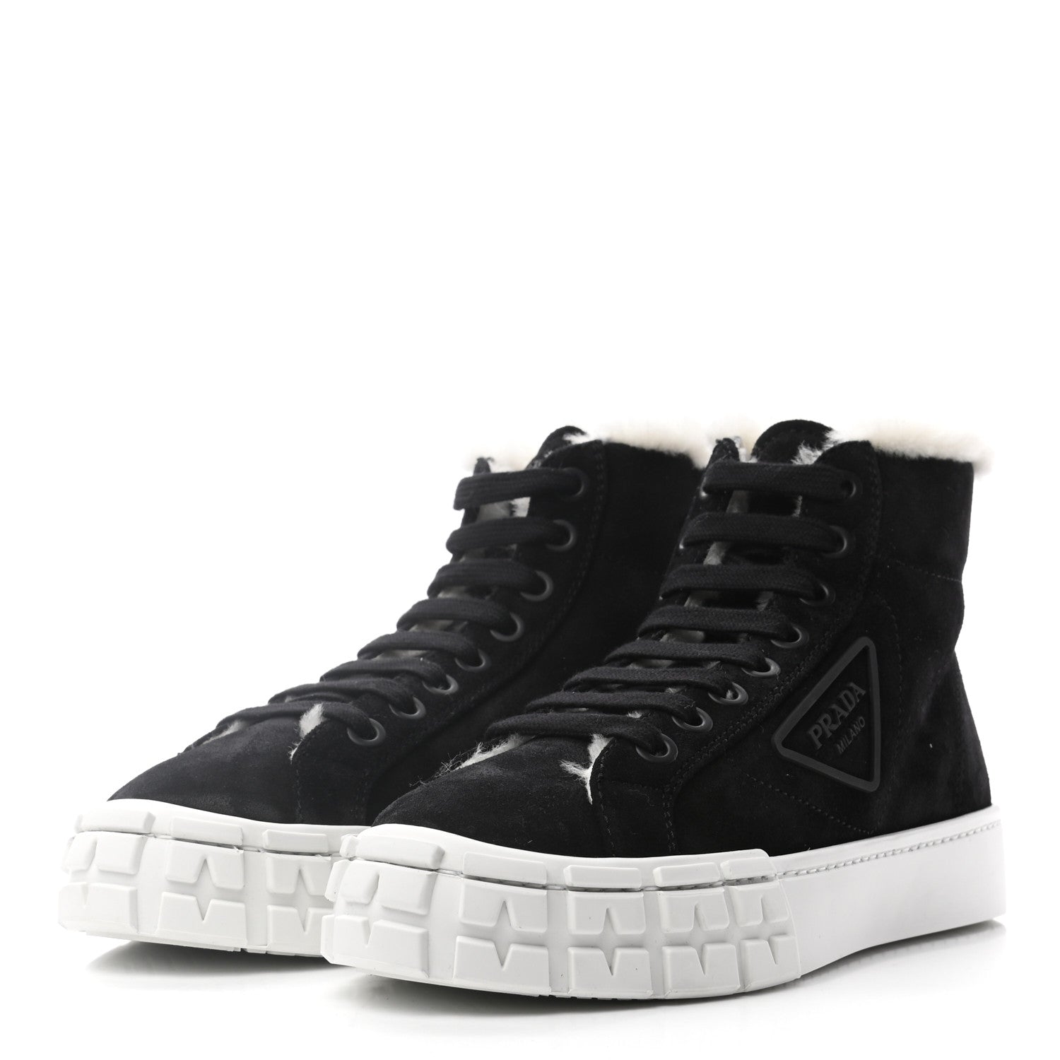 Prada Suede Shearling Triangle Logo Wheel High Top Sneakers 38 Black 3 of 8