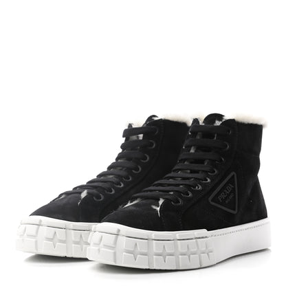 Prada Suede Shearling Triangle Logo Wheel High Top Sneakers 38 Black 3 of 8